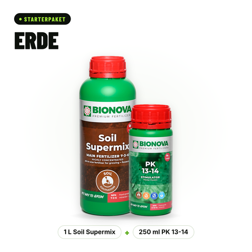 Bionova Starterpaket Erde mit Soil Supermix 1 Liter und PK 13-14 250 ml Blühzusatz, Flüssigdünger für Pflanzen in Erde