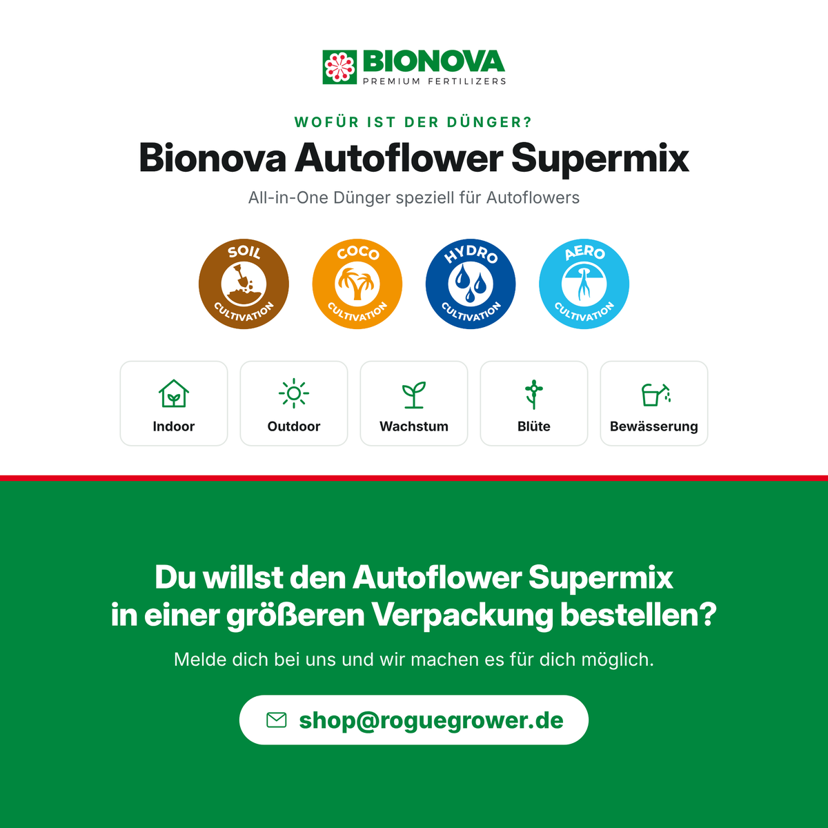 Bionova Autoflower Supermix Anwendung: für Erde, Coco, Hydro und Aero, Wachstum und Blüte. Größere Gebinde auf Anfrage