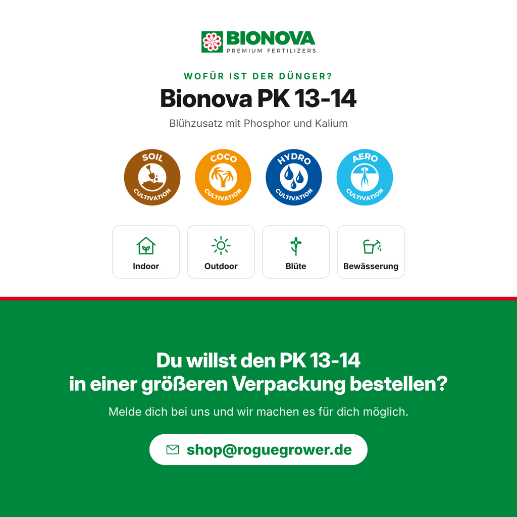 Bionova PK 13-14 Anwendung: für Erde, Coco, Hydro und Aero in der Blüte. Größere Gebinde auf Anfrage