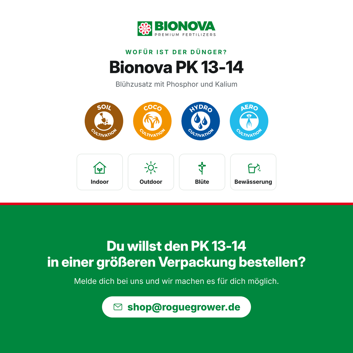 Bionova PK 13-14 Anwendung: für Erde, Coco, Hydro und Aero in der Blüte. Größere Gebinde auf Anfrage
