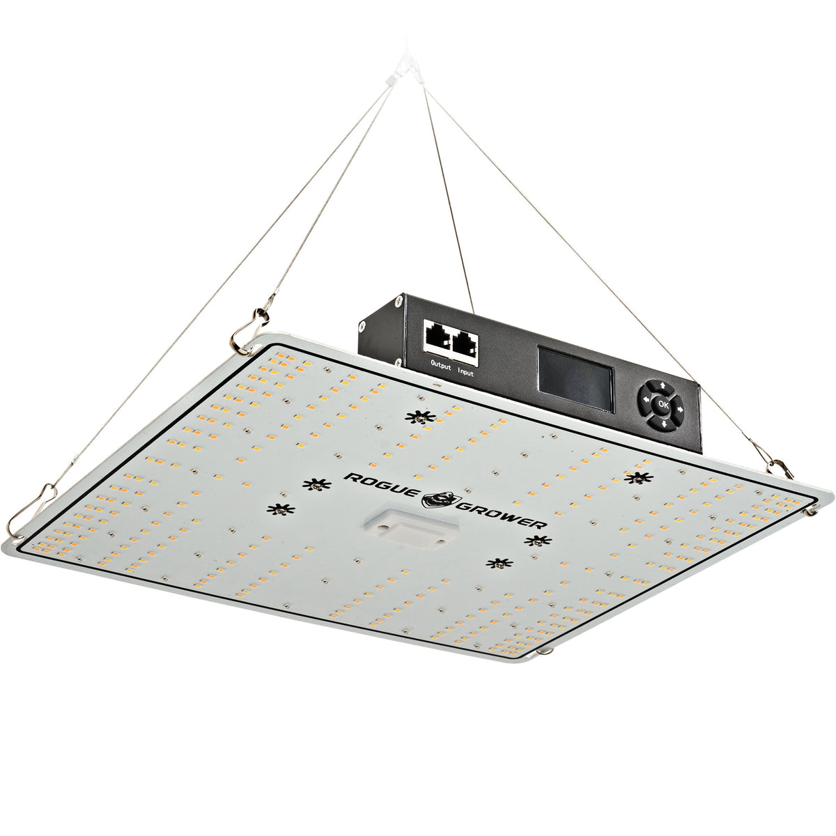 LED Pflanzenlampe 100W von Rogue Grower mit integriertem Smart Cockpit, freigestellt vor weißem Hintergrund