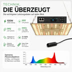 Technische Daten der Rogue Grower LED Pflanzenlampe 100W: 274 µmol/s PPF, 2,67 µmol/J PPE, max. 993 µmol/m²/s PPFD und Vollspektrum